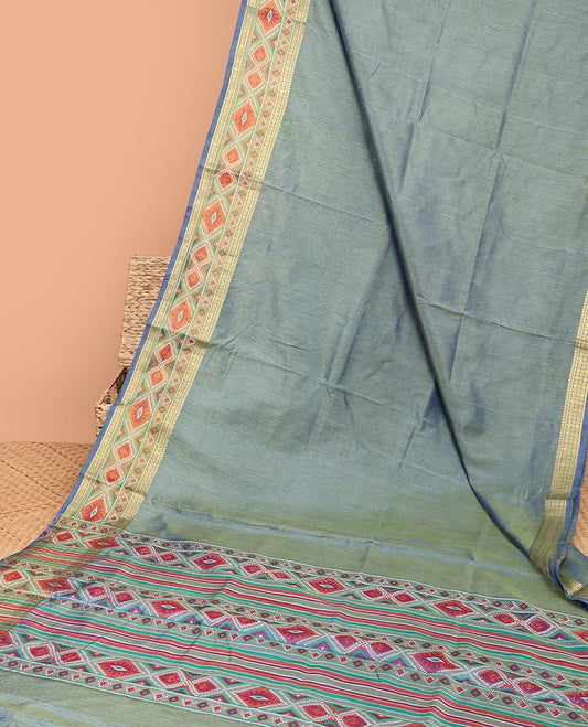 Grey plain semi-banaras patola silksaree, self traditional & patola design border & patola printed pallu