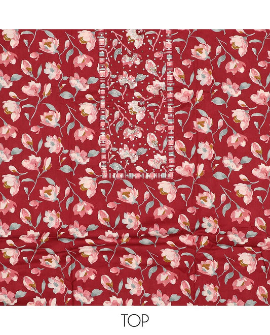 Maroon chudidhar material set, floral print & embroidered cotton top, geometric printed bottom & dupatta