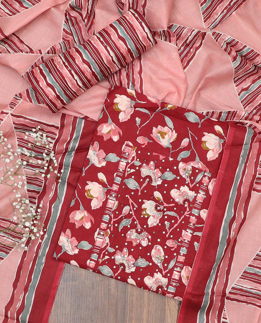 Maroon chudidhar material set, floral print & embroidered cotton top, geometric printed bottom & dupatta