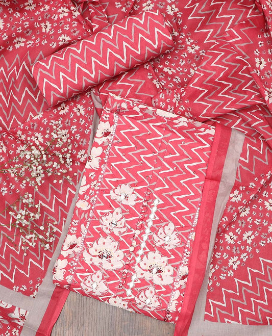 Pink chudidhar material set, floral print & embroidered cotton top, chevron printed bottom & floral & chevron dupatta