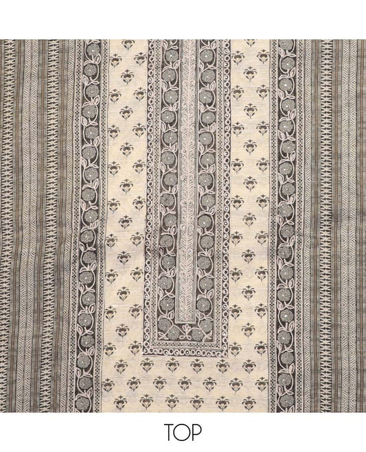 Cream chudidhar material set, floral printed & embroidered top, contrast plain bottom & geometric printed dupatta