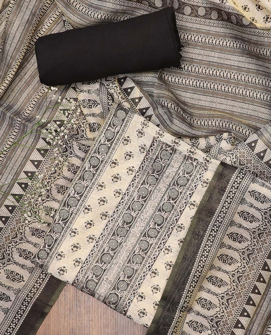 Cream chudidhar material set, floral printed & embroidered top, contrast plain bottom & geometric printed dupatta