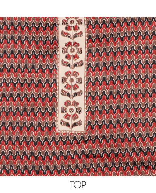 Multi-color chudidhar material set,geometric print & neckwork top,contrast plain bottom & striped & unique motif dupatta