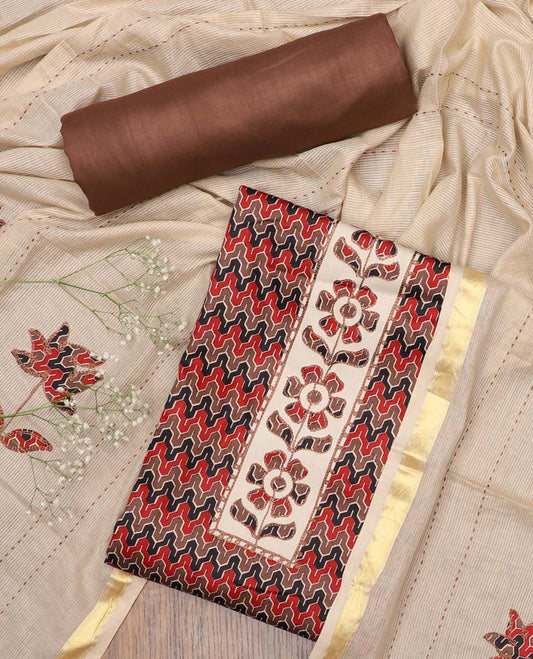 Multi-color chudidhar material set,geometric print & neckwork top,contrast plain bottom & striped & unique motif dupatta