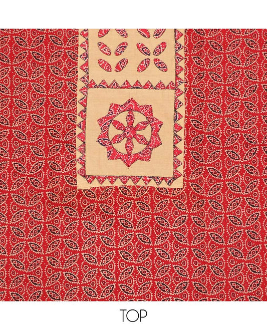 Red chudidhar material set, ajrakh printed & neckwork top,contrast plain bottom & unique motifs dupatta