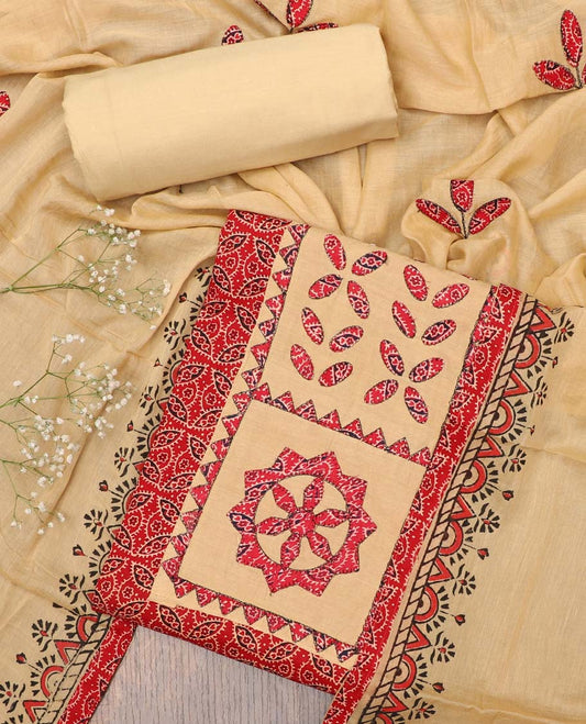 Red chudidhar material set, ajrakh printed & neckwork top,contrast plain bottom & unique motifs dupatta
