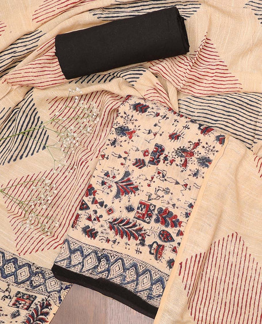 Multi-color chudidhar material set, warli printed cotton top, contrast plain bottom & intricately printed dupatta