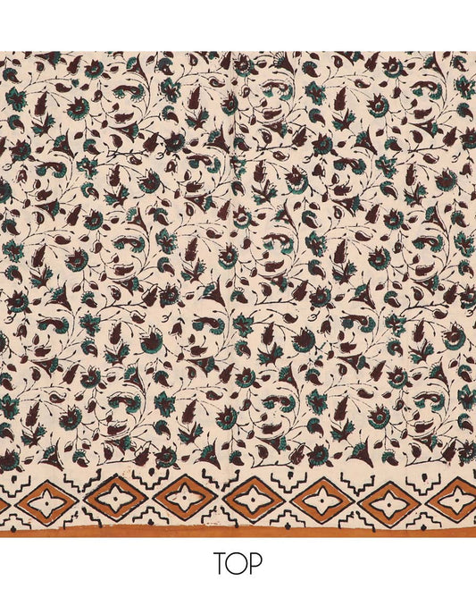 Cream chudidhar material set, floral vine printed cotton top, contrast plain bottom & floral & geometric dupatta