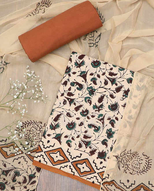 Cream chudidhar material set, floral vine printed cotton top, contrast plain bottom & floral & geometric dupatta