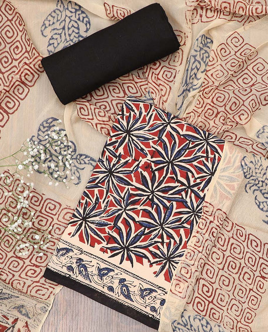 Red chudidhar material set, floral printed cotton top, contrast plain bottom & floral & greek key dupatta