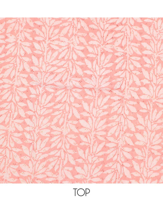 Peach chudidhar material set, leaf printed & cut-work cotton top, leaf printed bottom & checked & leaf printed dupatta
