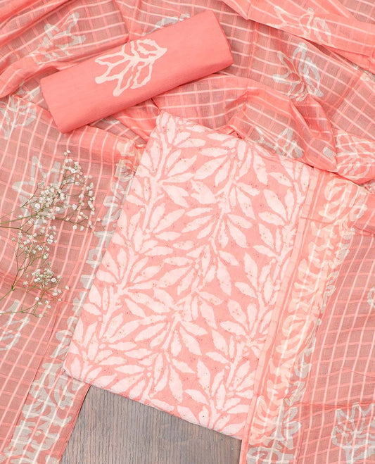 Peach chudidhar material set, leaf printed & cut-work cotton top, leaf printed bottom & checked & leaf printed dupatta