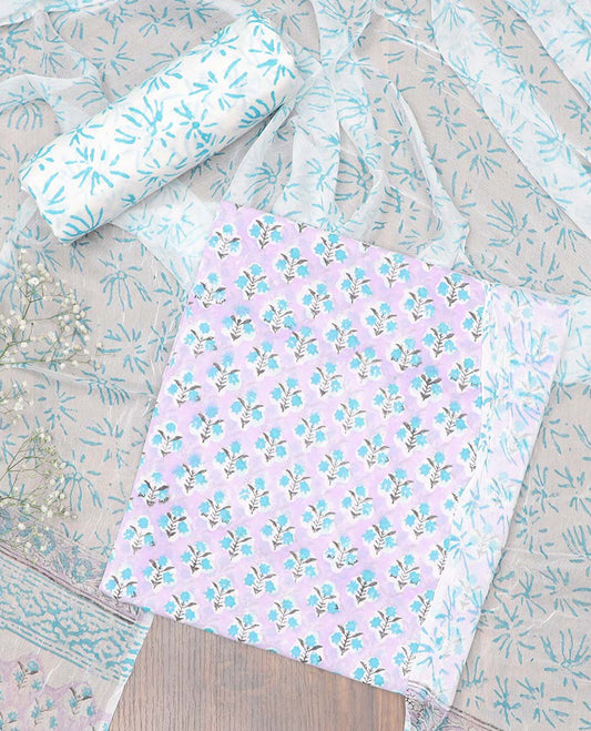 Lavender chudidhar material set, floral motifs printed cotton top, printed bottom & dupatta