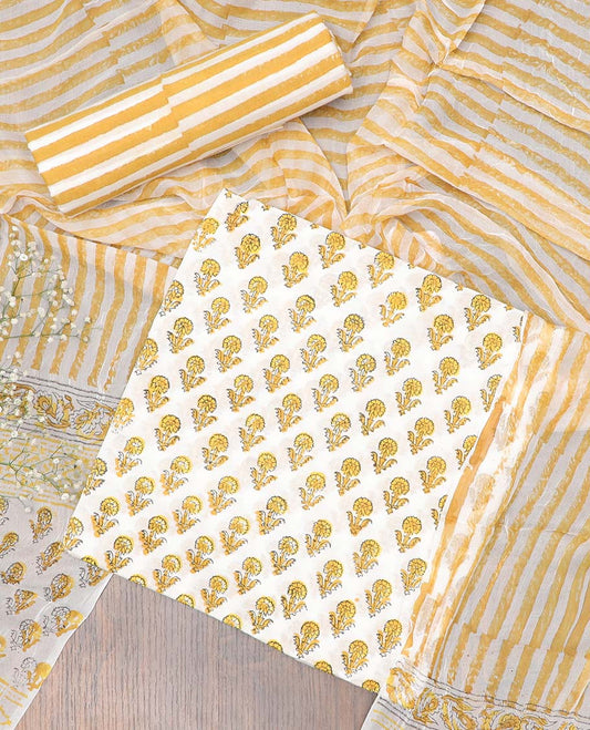 Yellow chudidhar material set, floral motifs printed cotton top, striped bottom & printed dupatta