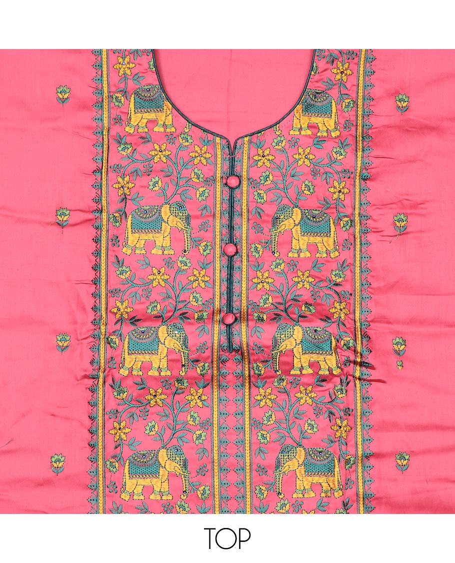 Pink chudidhar material set, floral vine & elephant motifs embroidered top, contrast plain bottom & solid dupatta