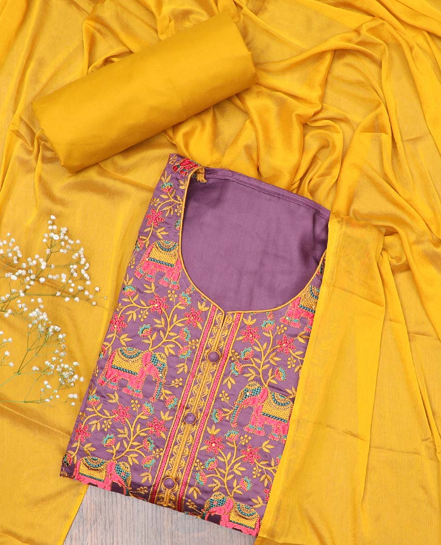 Mauve purple chudidhar material set,floral vine & elephant motifs embroidered top, contrast plain bottom & solid dupatta