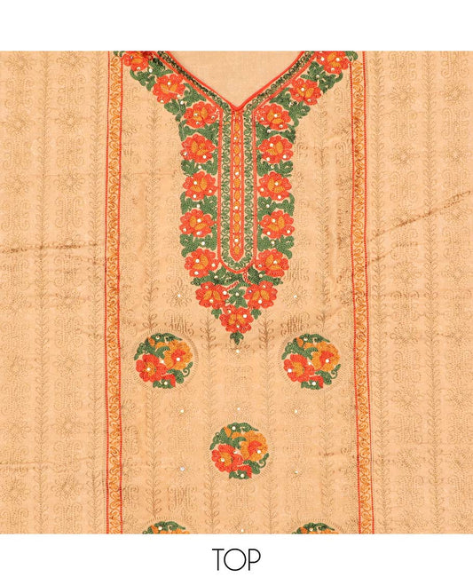 Sandal chudidhar material set, colorful floral motifs embroidered top, contrast plain bottom & solid dupatta