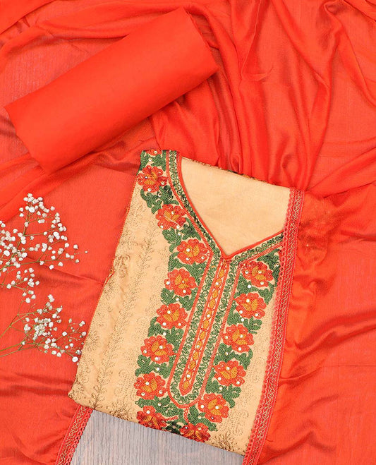 Sandal chudidhar material set, colorful floral motifs embroidered top, contrast plain bottom & solid dupatta