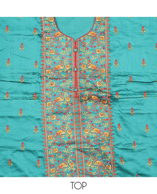 Blue chudidhar material set, floral & peacock motifs embroidered top, contrast plain bottom & solid dupatta