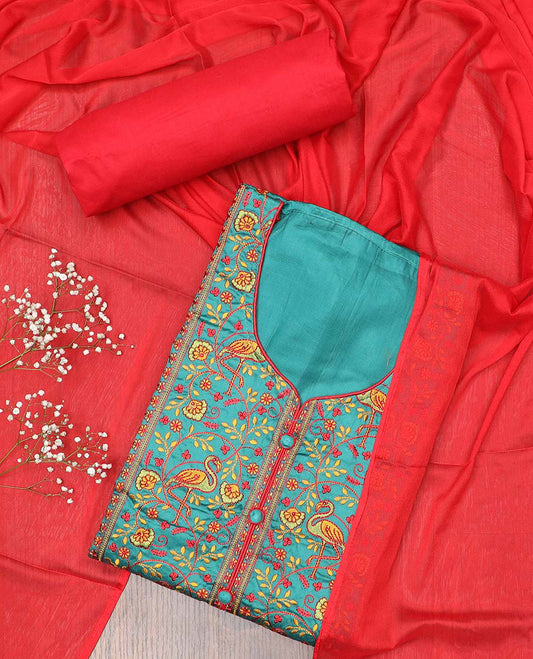 Blue chudidhar material set, floral & peacock motifs embroidered top, contrast plain bottom & solid dupatta