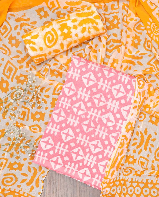 Yellow chudidhar material set, geometric batik printed cotton top, contrast batik printed bottom & dupatta
