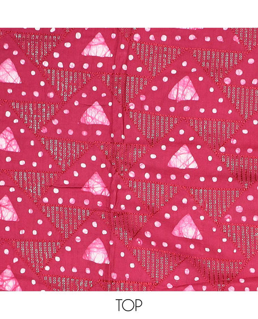 Red chudidhar material set, geometric batik printed cotton top, contrast batik printed bottom & dupatta