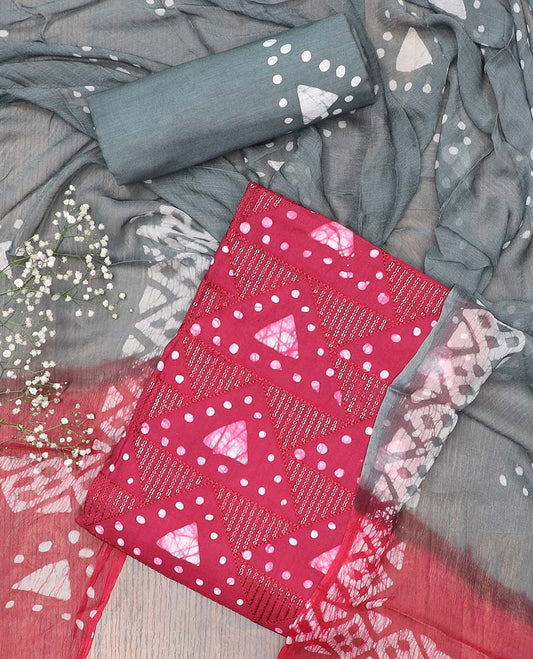 Red chudidhar material set, geometric batik printed cotton top, contrast batik printed bottom & dupatta