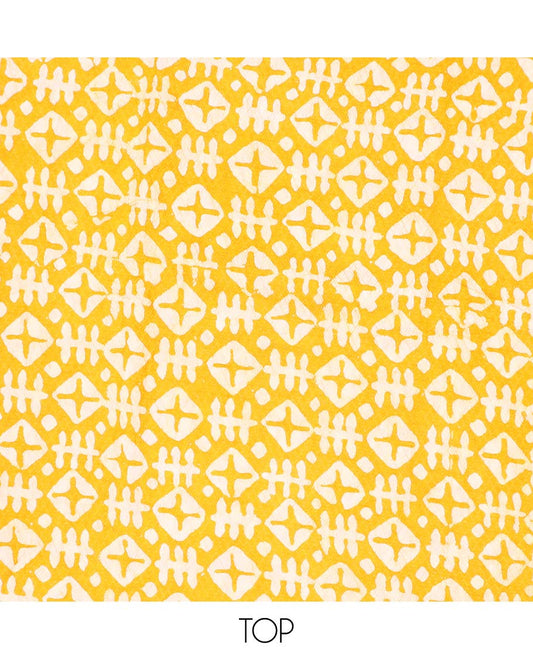 Yellow chudidhar material set, geometric batik printed cotton top, contrast batik printed bottom & dupatta