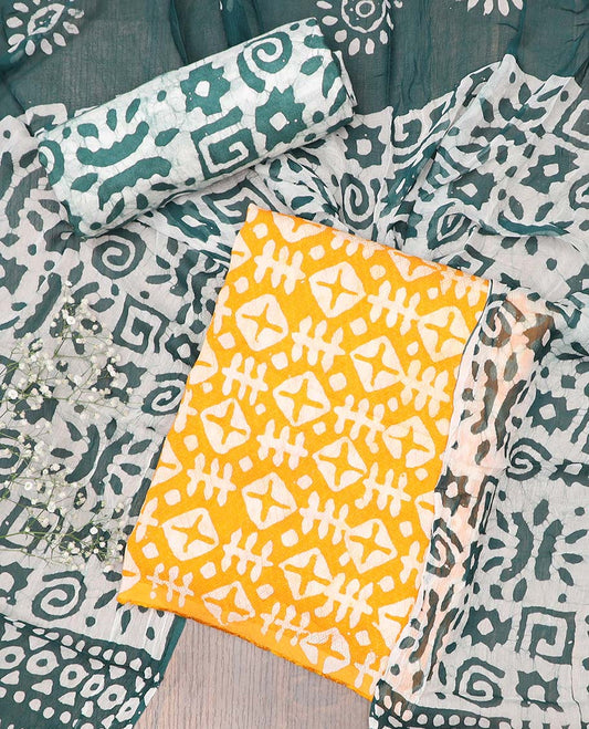 Yellow chudidhar material set, geometric batik printed cotton top, contrast batik printed bottom & dupatta