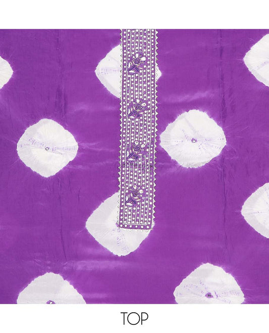 Violet chudidhar material set, shibori print & embroidery top, plain bottom & shibori printed dupatta