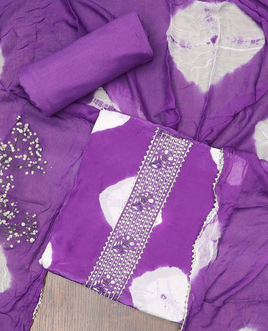 Violet chudidhar material set, shibori print & embroidery top, plain bottom & shibori printed dupatta