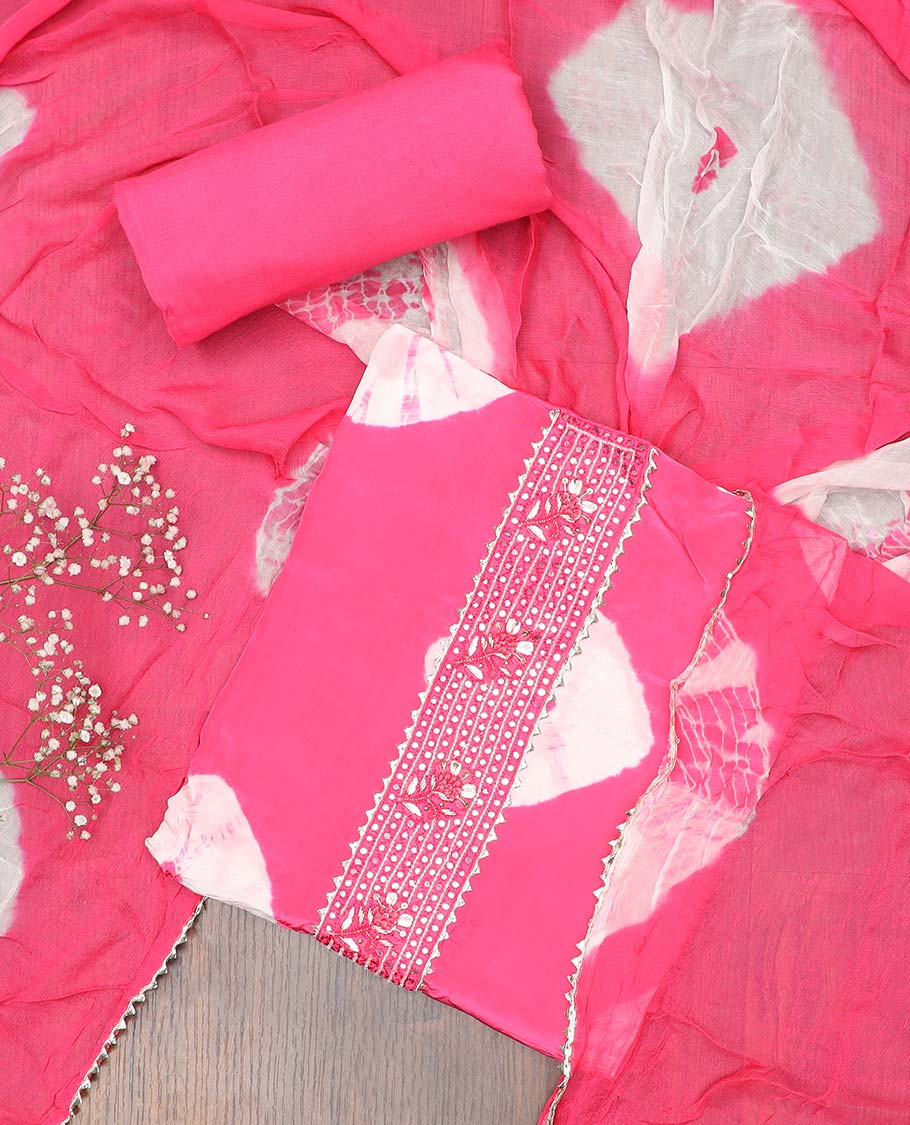 Pink chudidhar material set, shibori print & embroidery top, plain bottom & shibori printed dupatta