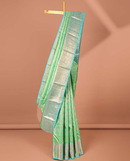 Green jacquard kancheepuram wedding silksaree, contrast intricate pallu & border of rekku,kamalam & manga designs