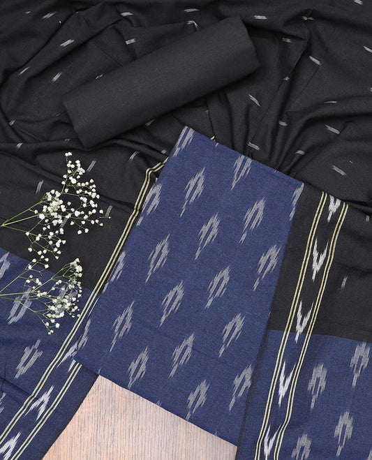 Blue chudidhar material set, ikkat print cotton top, contrast plain bottom & ikkat printed dupatta