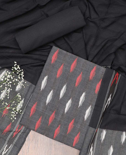 Grey chudidhar material set, ikkat print cotton top, contrast plain bottom & ikkat printed dupatta