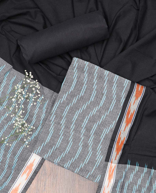 Grey chudidhar material set, zig-zag striped cotton top, contrast plain bottom & zig-zag striped dupatta