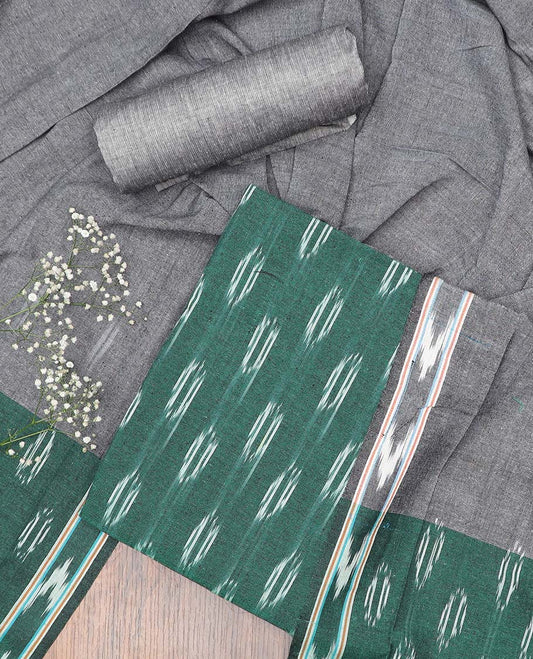 Green chudidhar material set, zig-zag striped cotton top, contrast plain bottom & ikkat buttas dupatta