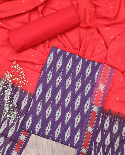 Purple chudidhar material set, zig-zag striped cotton top, contrast plain bottom & ikkat buttas dupatta