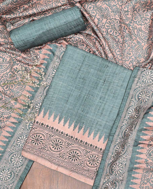 Green chudidhar material set, plain cotton top, plain bottom & floral printed dupatta