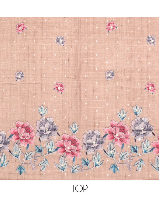 Sandal chudidhar material set, floral design top, plain bottom & scallop floral design dupatta