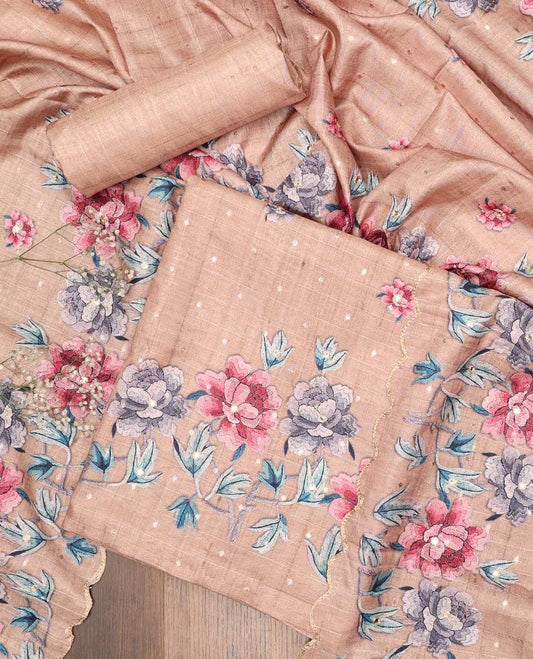 Sandal chudidhar material set, floral design top, plain bottom & scallop floral design dupatta