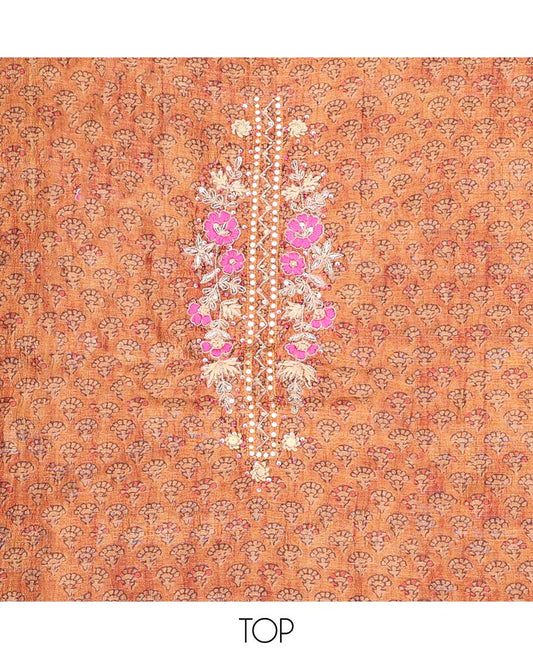 Orange chudidhar material set, floral embroidery top, plain bottom & floral printed dupatta