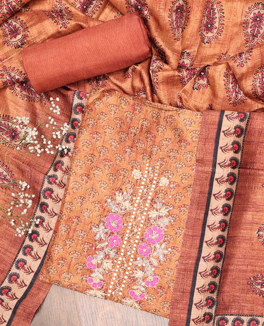 Orange chudidhar material set, floral embroidery top, plain bottom & floral printed dupatta