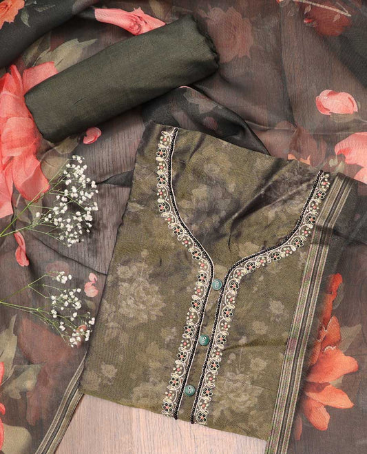 Green chudidhar material set, floral printed & embroidery top, plain bottom & floral printed dupatta