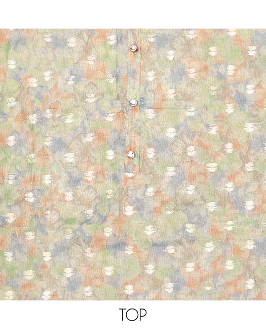Multi-color chudidhar material set, abstract printed & embroidery top, contrast plain bottom & chevron dupatta