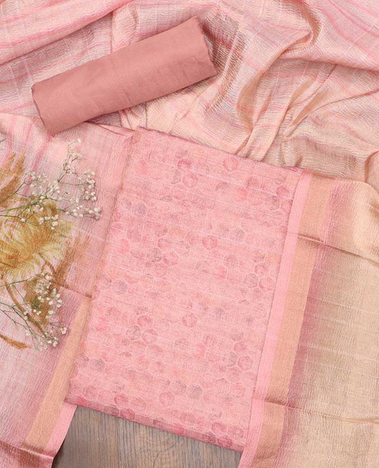 Pink chudidhar material set, geometric printed top, plain bottom & striped dupatta