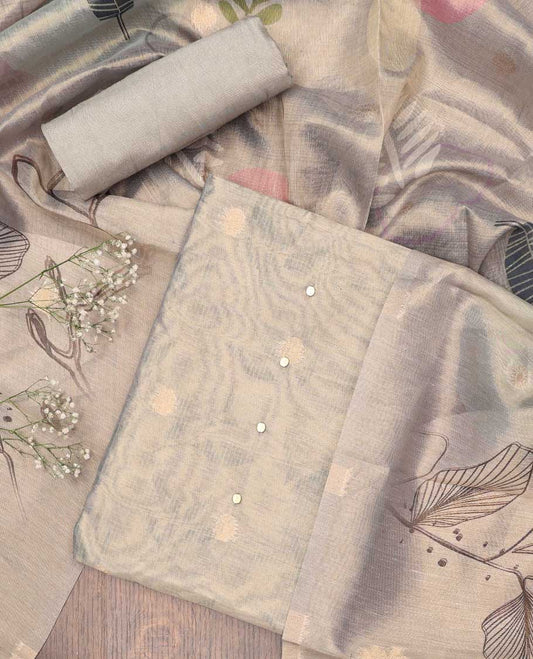 Grey chudidhar material set, buttas top, plain bottom & floral printed dupatta