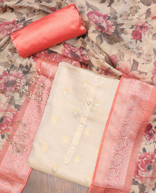 Sandal chudidhar material set, buttas & embroidery top, contrast plain bottom & floral printed dupatta