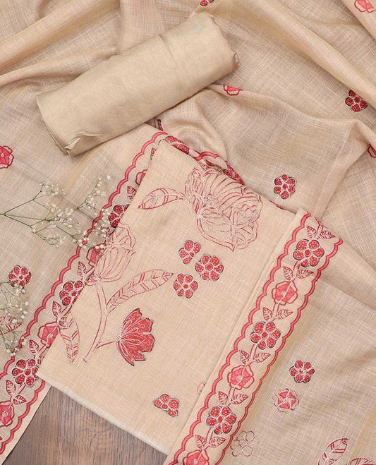 Sandal chudidhar material set, floral printed & thread work top, plain bottom & floral printed & thread work dupatta