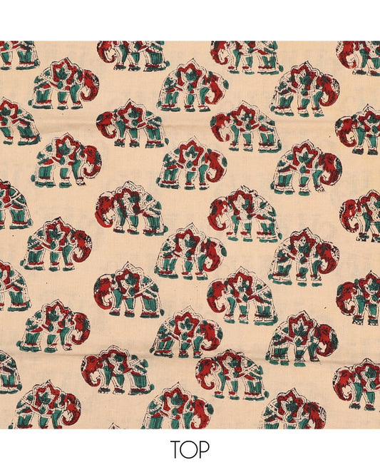 Sandal chudidhar material set, elephant motifs printed top, contrast plain bottom & paisley printed dupatta